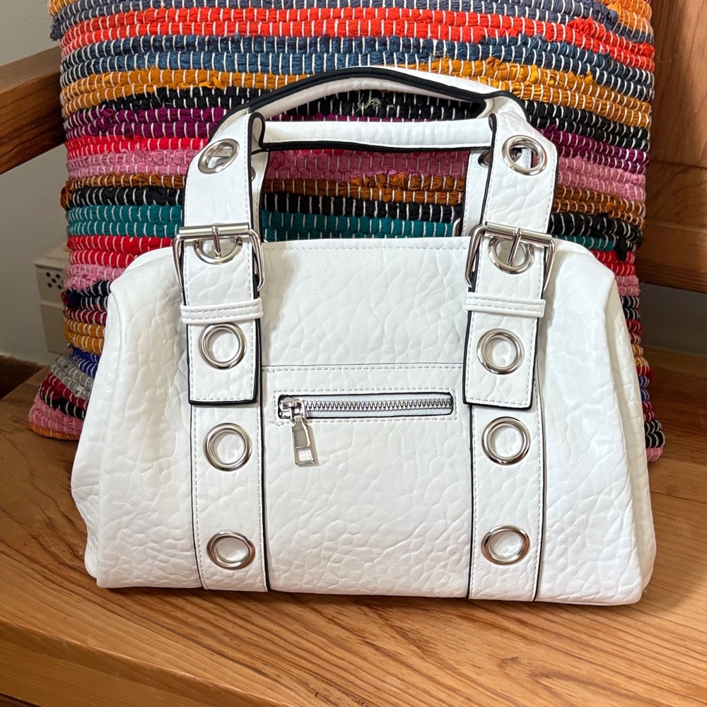 Coco + Carmen White Satchel with Silver Accents